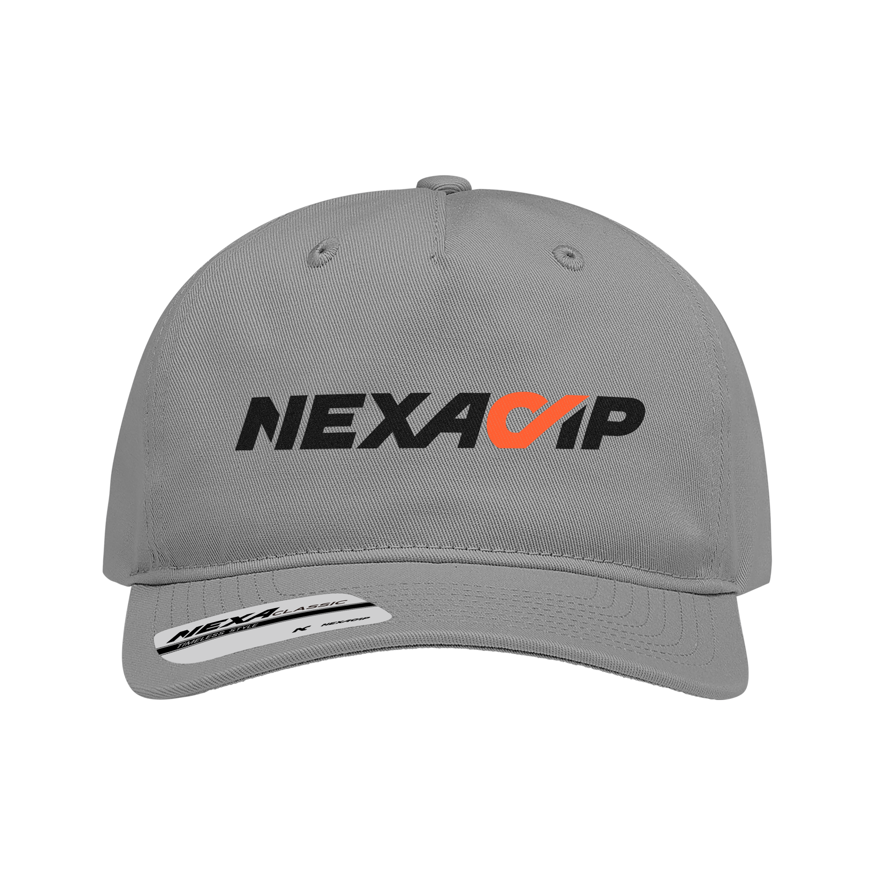 NEXACAP NYC108 grey cap with DTF printed logo on the front